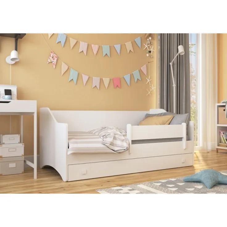 Kinderbett ""Naomi"" Einzelbett 80x160cm Kiefer Massiv weiß lasiert mit Schublade