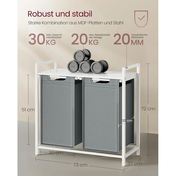 Vasagle Wäschekorb 2 Fächer, Wäschesammler mit Ablage, Wäschebox, Wäschesack aus Oxford-Gewebe ausziehbar abnehmbar, Metallrahmen, 2x46 L, 73 x 33 x 72 cm, weiß-hellgrau von Songmics – Bild 5