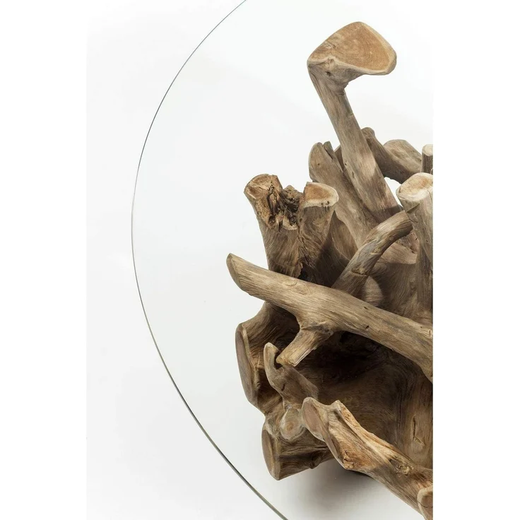 Kare Design Couchtisch Roots, Braun, 100cm Durchmesser, Beistelltisch, Wohnzimmertisch, Massivholz Korpus, ESG-Glas Tischplatte, handgemacht, Unikat, rund, 45 x 100 x 100 cm (H/B/T) – Bild 7
