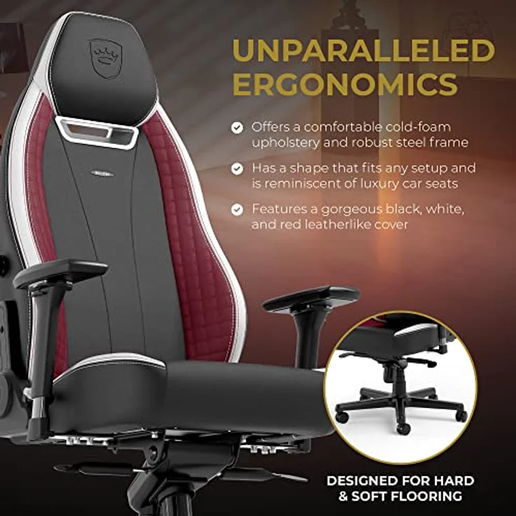 noblechairs LEGEND Gaming Stuhl, ergonomischer Bürostuhl mit PU-Kunstlederbezug in Schwarz/Weißen/Roten Farbkombinationen, bis 150 kg belastbar, Kaltschaumpolsterung, 60-mm-Rollen für alle Bodenarten – Bild 6