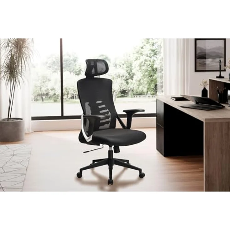 MID.YOU Drehstuhl Schwarz, Textil, ergonomisch mit Wippfunktion, 360° drehbarer Sitzfläche, S-Form Rückenlehne, inklusive Armlehnen, für Arbeitszimmer – Bild 4