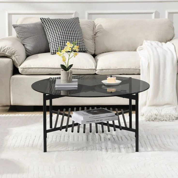 FINEBUY Couchtisch FB111842 Wohnzimmertisch Glas Metall 80 cm Schwarz Rund Sofatisch (Sofatisch Glas Rund 80 cm Schwarz Industrial), Wohnzimmertisch mit Ablage, Metallgestell Modern – Bild 4