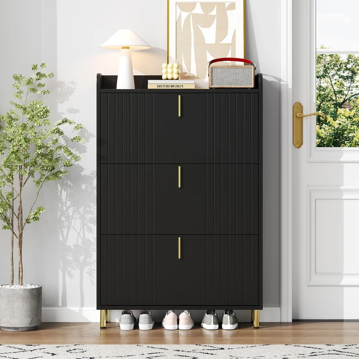 Schuhschrank 80x23x123,5 cm mattschwarz gold Metallfüße 3 Türen verstellbare Böden – Bild 3
