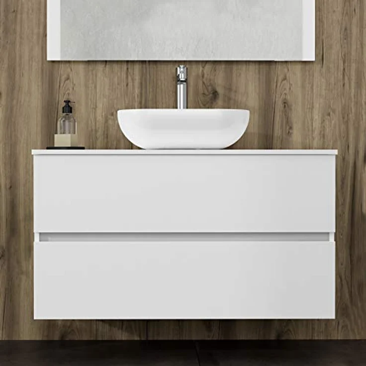 Baikal Onyx Badmöbel montiert, Möbel mit 2 Schubladen, Badezimmermöbel mit Waschbecken, Hängeschrank, Wandschrank, Keramikwaschbecken, inkl. Spiegel, 100 cm, Weiß – Bild 5