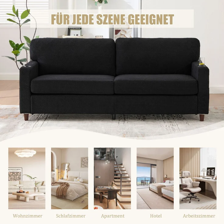 LVHOM 2-Sitzer Sofa mit USB&LED, Zweier Polstersofa Chenille Bezug, Loveseat mit Getränkehaltern, Doppelsofa Stoffsofa Loungesofa, Schwarz – Bild 9