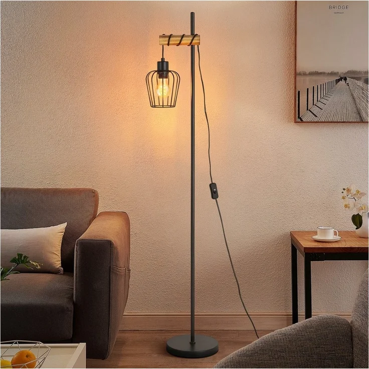 Nettlife Stehlampe Wohnzimmer Holz E27 Stehleuchte Vintage Schwarz Metall 152cm, mit Kippschalter, LED wechselbar, für Wohnzimmer, Schlafzimmer, Arbeitszimmer, Esszimmer – Bild 1
