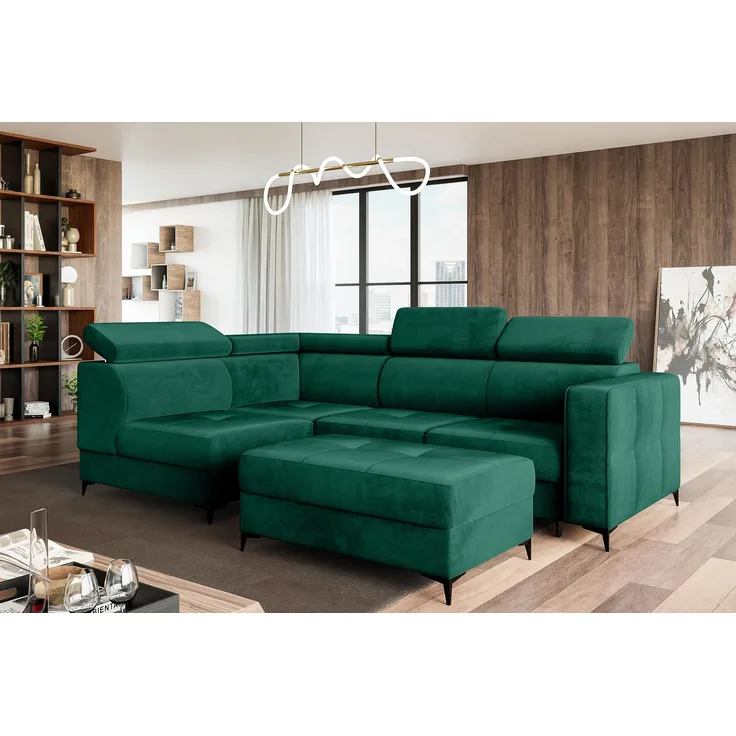 MEBLINI Schlafcouch mit Bettkasten - DORIAN - 263x232x89cm Links - Grün Samt - Ecksofa mit Schlaffunktion - Sofa mit Relaxfunktion und Kopfstützen - Couch L-Form - Eckcouch - Wohnlandschaft