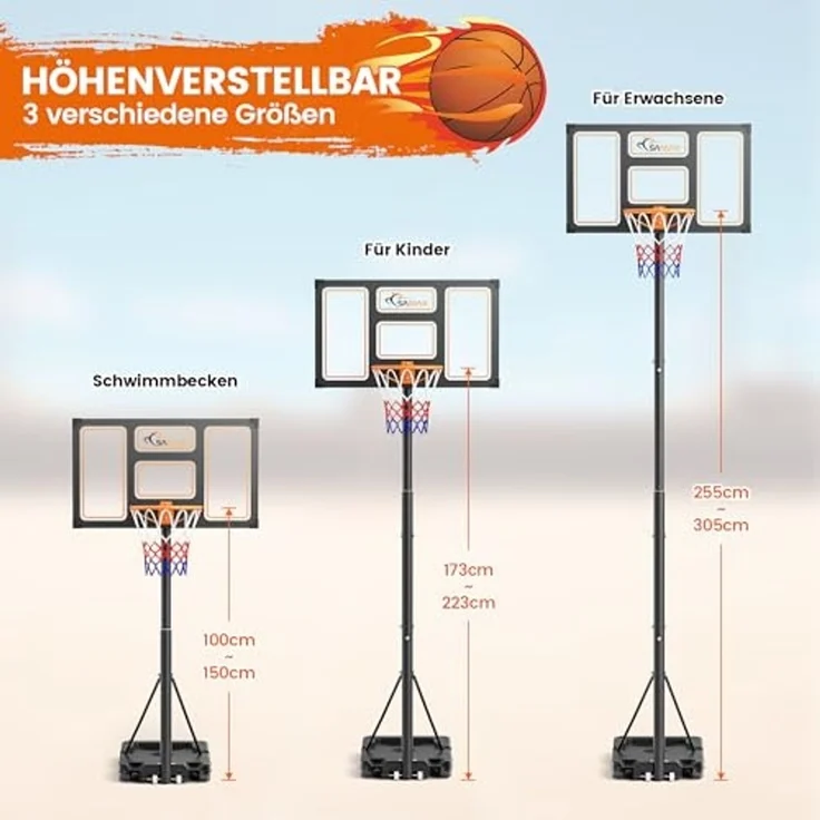 SAMAX Basketballkorb / Basketballständer 100-305 cm höhenverstellbar mit Rollen inkl. Netz – Bild 5