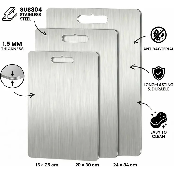 Hermia Concept 'Huhu877' Edelstahl-Schneidebrett-Set (3-teilig), Silber, 24 x 34 cm