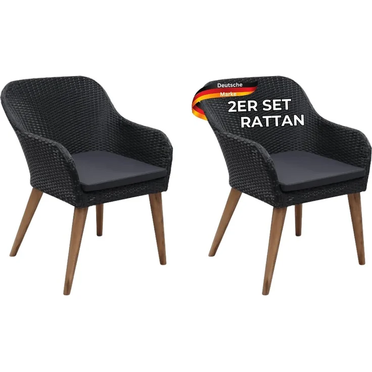 Gartenstuhl EGOS 2er Set Poly-Rattan 62,5x55x82 cm mit Polster Schwarz | Gartenstuhl Rattan Outdoorstühle Balkonstühle – Bild 1