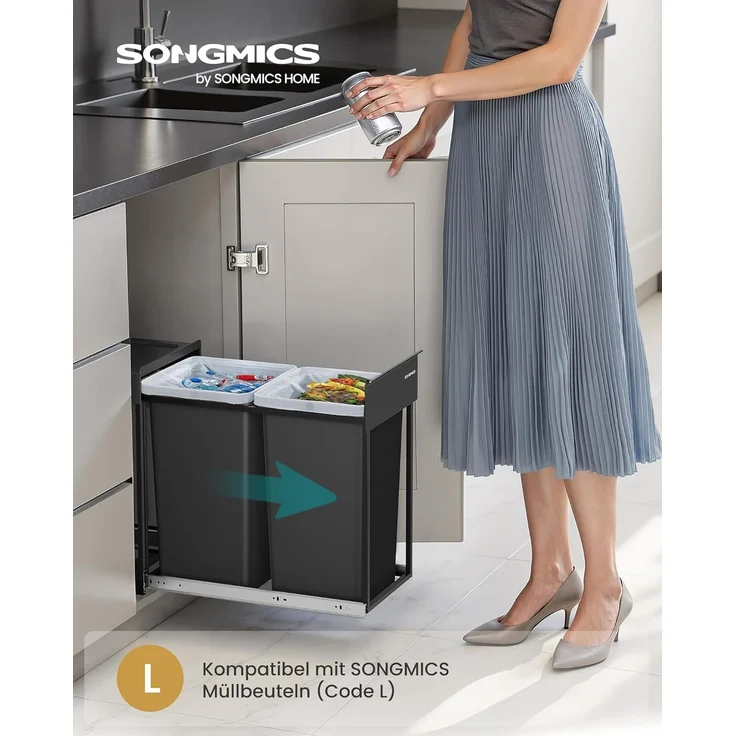 SONGMICS Mülleimer küche, Mülltrennsystem für Unterschrank, 2 x 15 L, Abfalleimer 2 Fächer, ausziehbar, Stahlrahmen, ABS-Deckel, tintenschwarz – Bild 2