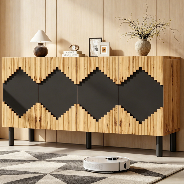 ZUBALIYA Sideboard 140x40x70 cm, mit 2 Türen, aus MDF / Spanplatte, Natur / Schwarz
