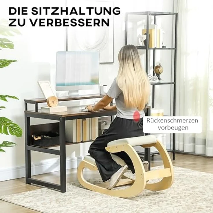 HOMCOM Stuhl Kniestuhl Ergonomisch, Kniestuhl aus Holz, Gesundheitsstuhl (Schreibtischstuhl, 1 St), für Homeoffice, zur Verbesserung der Körperhaltung, Cremeweiß – Bild 4