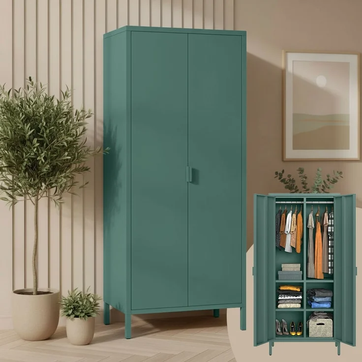skølm 'Ituri' Kleiderschrank, Metall, 170x45x80 cm, dunkelgrün, Garderobe mit 4 Fächern und 2 Kleiderstangen – Bild 1