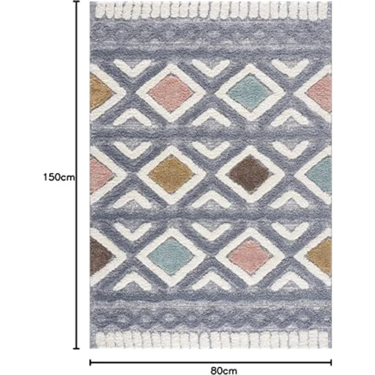 Teppich Wohnzimmer Hochflor - 80x150cm - Einfarbig - Pastell Multi - Boho - Modern Raute Ornamente - Skandinavisch Flauschig Weich - Schlafzimmer – Bild 3