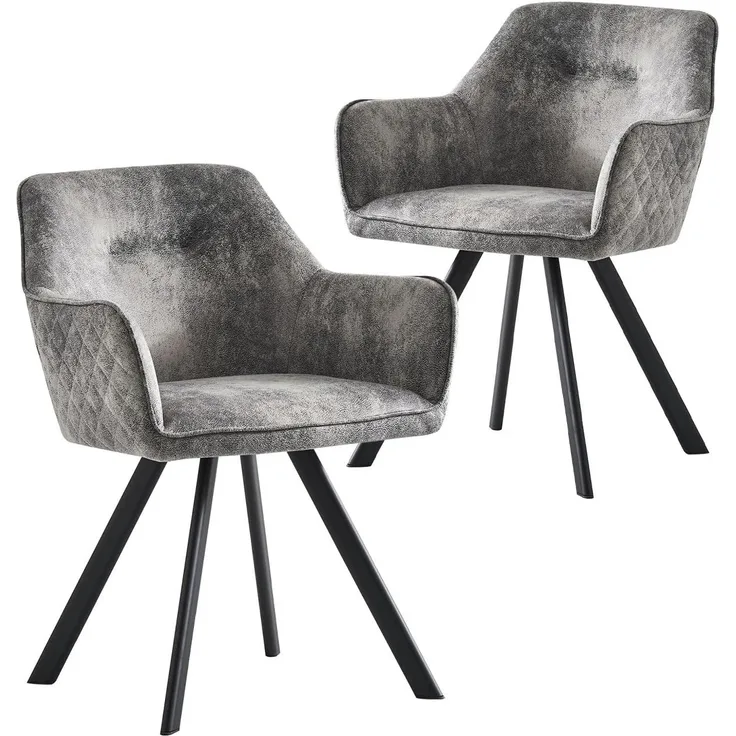B&D home Esszimmerstühle CYRUS 2er Set | Armlehnenstuhl für Küche, Büro, Esszimmer, Wohnzimmer | modern | Wildleder Optik Grau