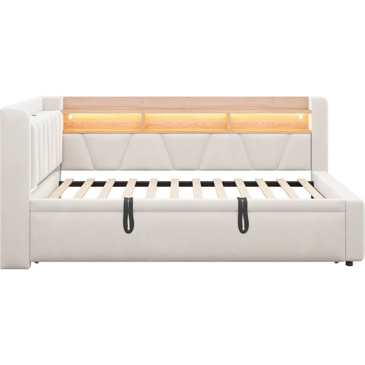 Ausziehbett mit Samtbezug, USB-Anschluss & LED, 90x200 cm, Beige, ohne Matratze – Bild 10