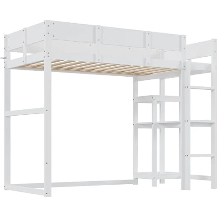 Ball & Cast Loft Bed (90x200 cm) mit Lagerregal, Holzerner Bettgestell mit Leiter und Geländer, Einfach und Zeitsparend Montierbar, Stabil & Rauschlos, Weiß – Bild 10