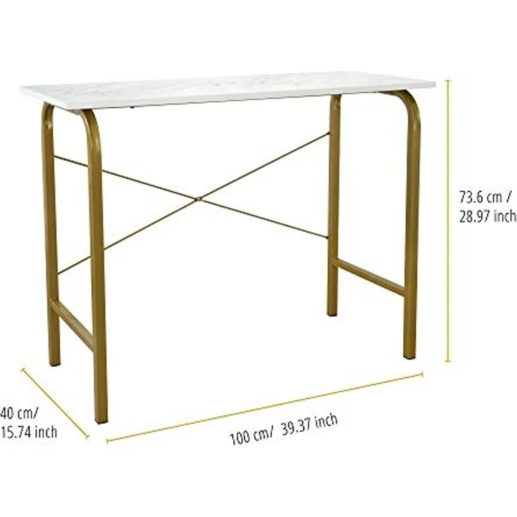 Teamson Home 40″ Bella Moderner Computertisch aus Holz für das Heimbüro, Arbeitszimmer, Schreibtisch oder Beistelltisch mit Weißer Marmorplatte und Messingrahmen – Bild 3