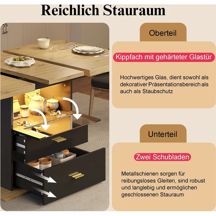 Ausziehbarer Esstisch mit LED-Beleuchtung 110/140x80x75 cm, Holzoptik, schwarzer Schrank & 2 Schubladen – Bild 7