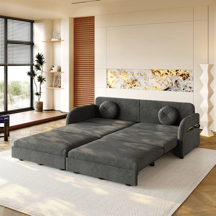 ZUBALIYA 206 cm King-Size ausziehbares 3-Sitzer-Sofa, 3-in-1 Schlafsofa, mit losen Kissen und Stautaschen an beiden Seiten, Chenille-Sofa mit Schlaffunktion, Grau, H 89 × T 205 × B 84 cm – Bild 15