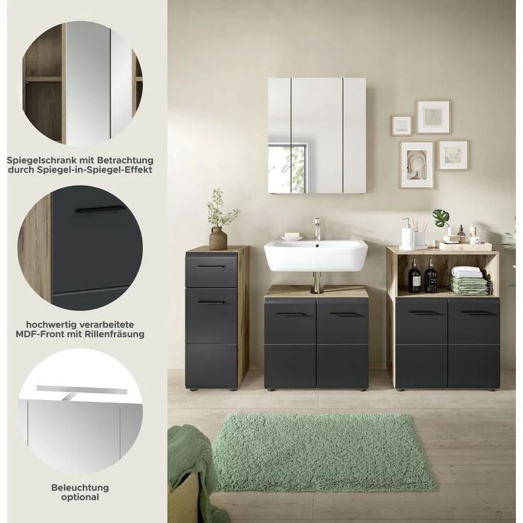 Badkombination (B/H/T: 180x185x30 cm) in schwarz matt und Nox Oak Nachbildung – Bild 8