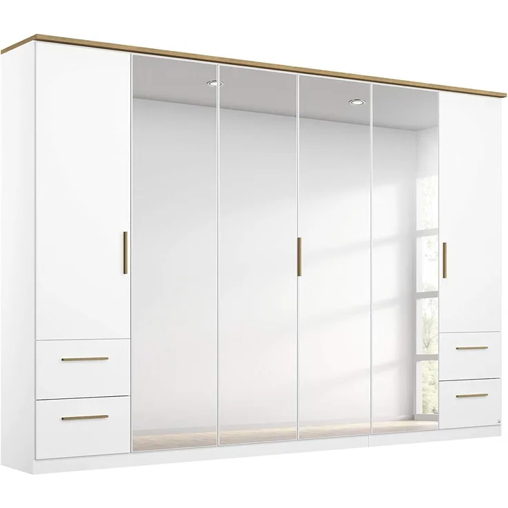 Rauch Möbel Carlsson Schrank Drehtürenschrank in Weiß, Griffe/Füße Eiche Massiv, 6-türig mit Spiegel und 4 Schubladen, inkl. Zubehörpaket Basic 3 Kleiderstangen, 3 Einlegeböden, BxHxT 271 x 212 x 58 cm