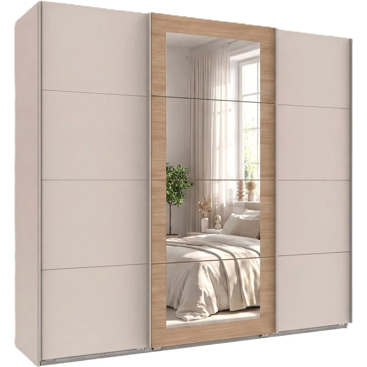 Schwebetürenschrank 3-trg. Kleiderschrank 225 cm Beige Grau, Eiche Natur Spiegel – Bild 1