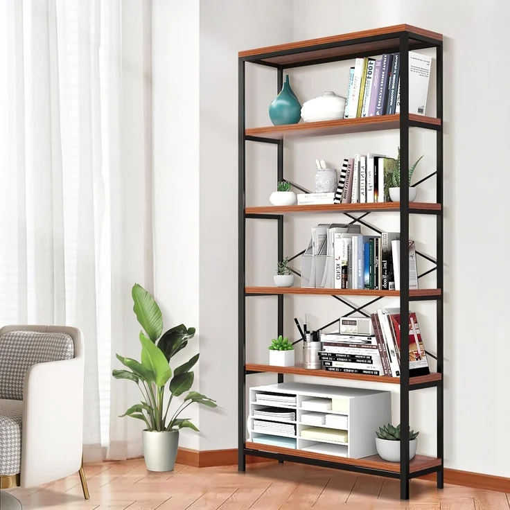 5-stöckiges industrielles Bücherregal, Vintage stehendes Lagerregal, Ausstellungsregale, hohes Bücherregal, industrielle Metall-Bücherregale für Wohnzimmer, Schlafzimmer und Heimbüro – Bild 4