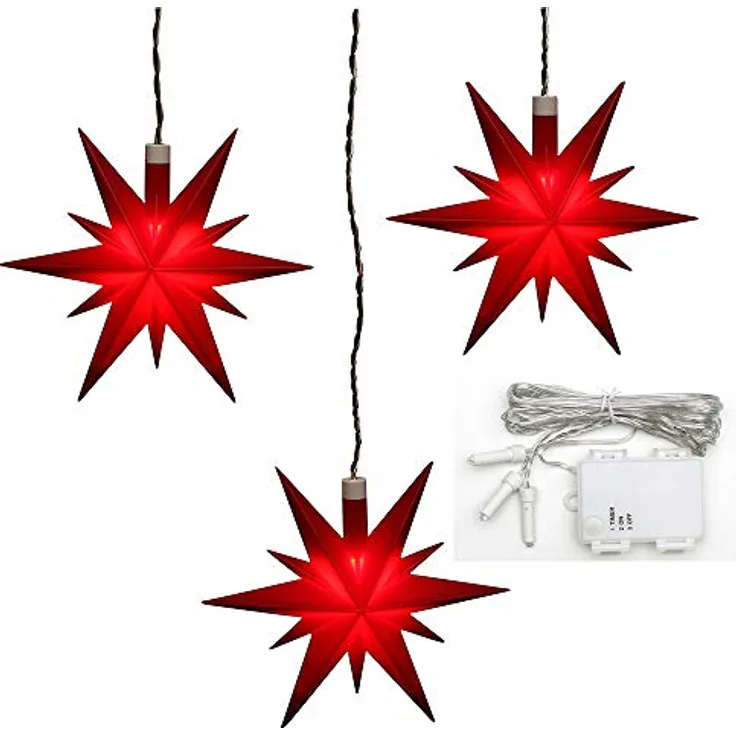 ***3er Set Weihnachtssterne aus Kunststoff in rot, inkl. LED Beleuchtung und 6h Timer, für Batteriebetrieb, für Innen und Außen geeignet. Maße je Stern L/B/H: 13,5 x 5,5 x 12 cm.