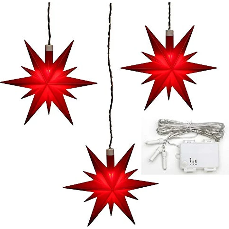 ***3er Set Weihnachtssterne aus Kunststoff in rot, inkl. LED Beleuchtung und 6h Timer, für Batteriebetrieb, für Innen und Außen geeignet. Maße je Stern L/B/H: 13,5 x 5,5 x 12 cm. – Bild 1