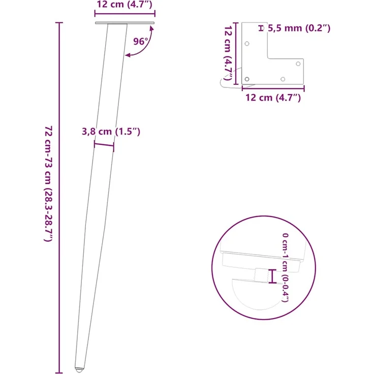 vidaXL Konsolentisch Beine Konische Form 4 Stück Naturstahl 72-73cm Stahl 4012519 – Bild 9