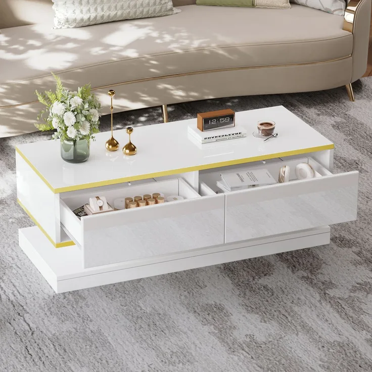 Merax Hochglanz-Couchtisch, Sofatisch mit 2 großen Schubladen, einzigartiger Wohnzimmertisch, warmweiß + goldener Rand kaffeetisch