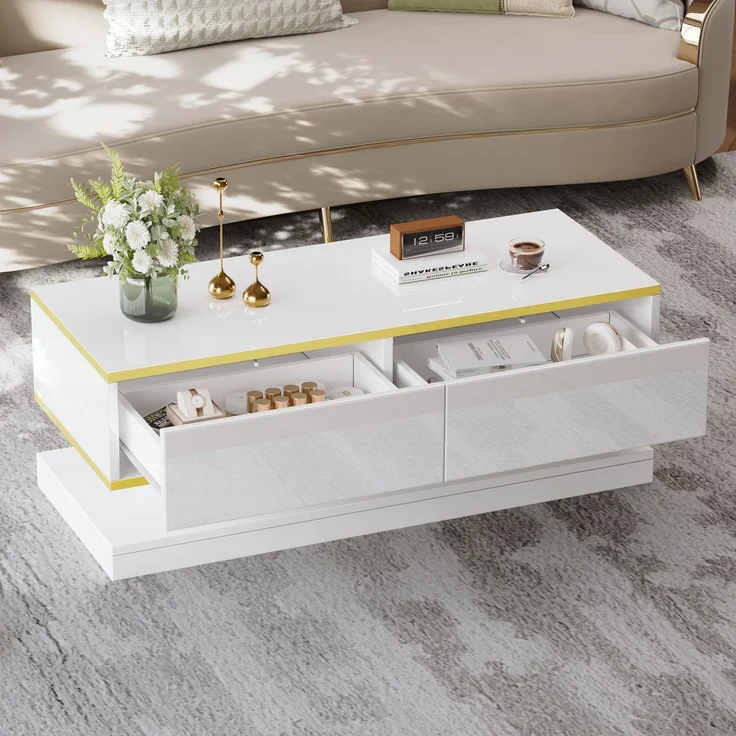 Merax Hochglanz-Couchtisch, Sofatisch mit 2 großen Schubladen, einzigartiger Wohnzimmertisch, warmweiß + goldener Rand kaffeetisch – Bild 1
