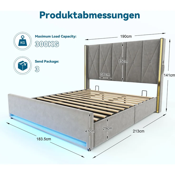 LVHOM Polsterbett mit Stauraum, Doppelbett mit LED, USB-Anschlüsse und Seitentaschen, Funktionbett, 180x200 cm, Grau – Bild 8