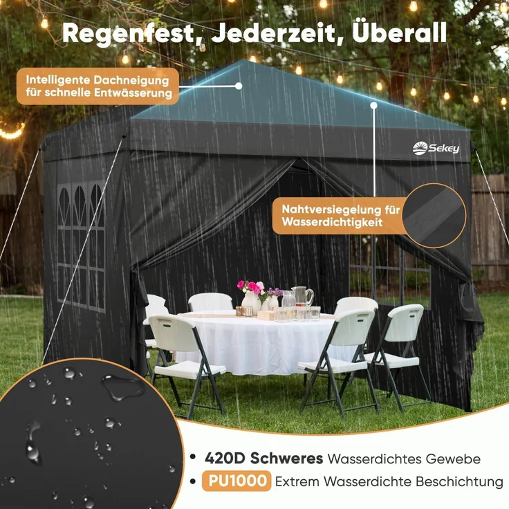 Pop Up Pavillon 3x3m mit 4 Seitenteilen, Wasserdicht Stabil Winterfest, Faltbar, Schwarz – Bild 6