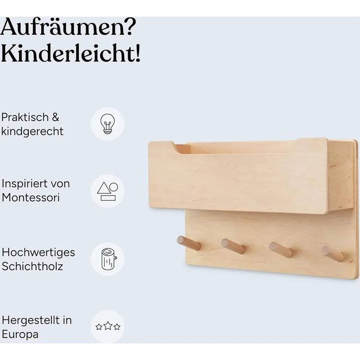 Ehrenkind® Kindergarderobe | Aus robusten Holz | Garderobe Kinder | Groß Weiß Kleiderhaken Kinder | geeignet als Wandregal Kinderzimmer | Kleiderhaken Wand | Kinder Kleiderhaken – Bild 2