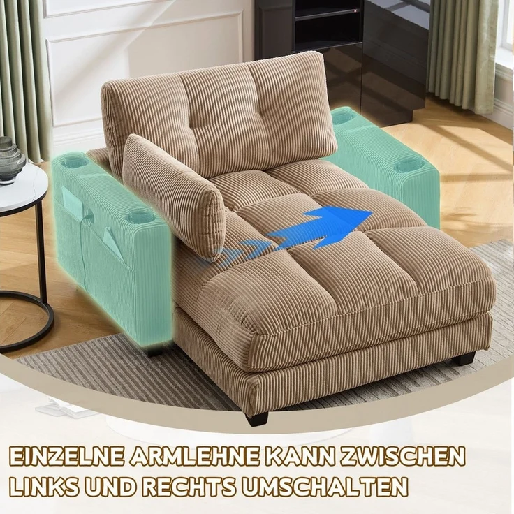 LVHOM Polsterliege Ottomane/Loungesofa/Polsterbett/Daybett/Gästebetten/Schlafsofa (USB/Typ C-Ladeanschlüssen, Seitentaschen, Getränkehalter, modularer Flexibilität Palmen Sessel, links & rechts tauschbare Armlehnen, Schlaffunktion, Platzsparend, 1-St, ... – Bild 3