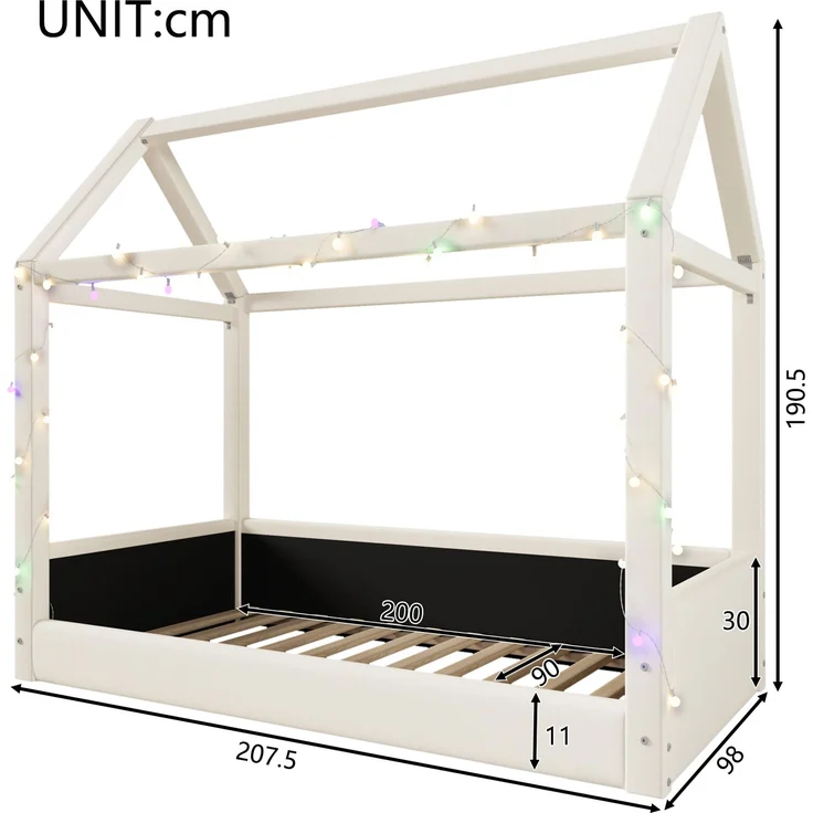Gepolstertes Tagesbett 90x200 cm mit Haus-Design, LED-Lichtleisten und Leinenbezug, Beige – Bild 4