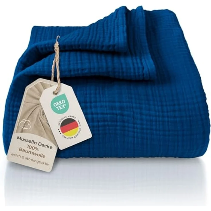 LAYNENBURG Premium Musselin Tagesdecke 180x220 cm - 100% Baumwolle - extraweiche Baumwolldecke als Kuscheldecke, Bett-Überwurf, Sofa-Überwurf, Couch-Überwurf - warme Sofa-Decke (Blau) – Bild 1