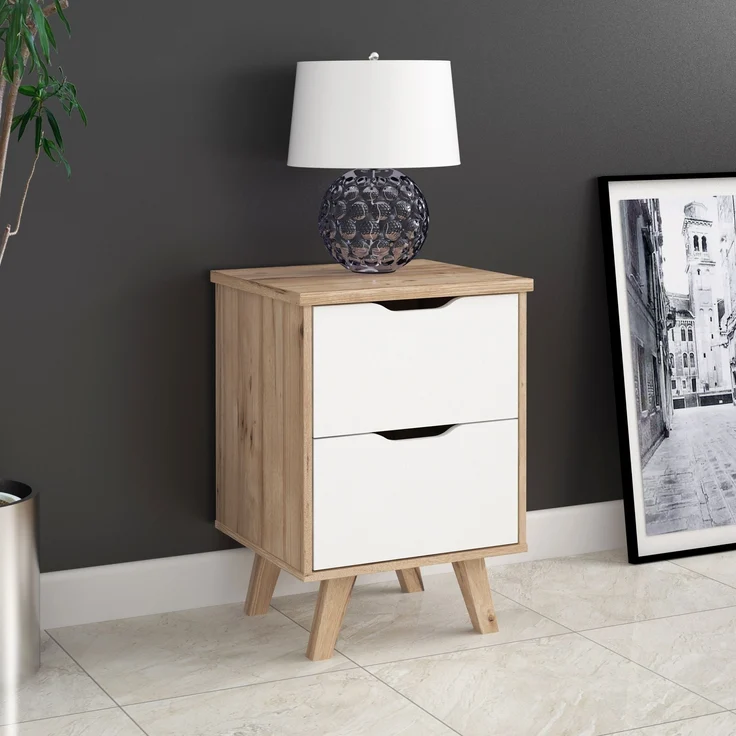 Nachtkommode >VANKKA< 2 Schübe, Planked Eiche Dekor / Weiss - 45x63,9x42cm (BxHxT) – Bild 2