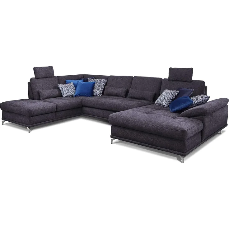 Cavadore Wohnlandschaft Castiel mit Federkern / Großes U-Form-Sofa mit Schlaffunktion, Bettkasten, Sitztiefenverstellung und Kopfstützen / 368 x 114 x 232 / Webstoff, Dunkelblau