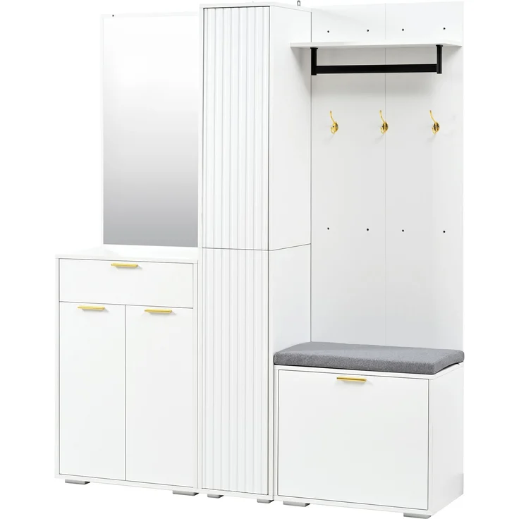 Garderobenset 150x36x180 cm in Weiß mit Spiegel, Sitzbank und Schuhkipper – Bild 6