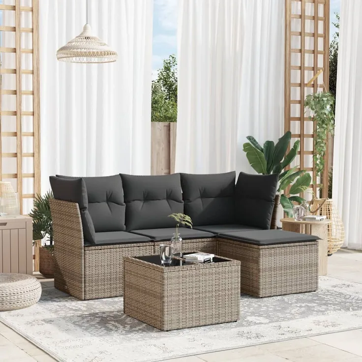 vidaXL 5-tlg. Garten-Sofagarnitur mit Kissen Grau Poly Rattan 3217550
