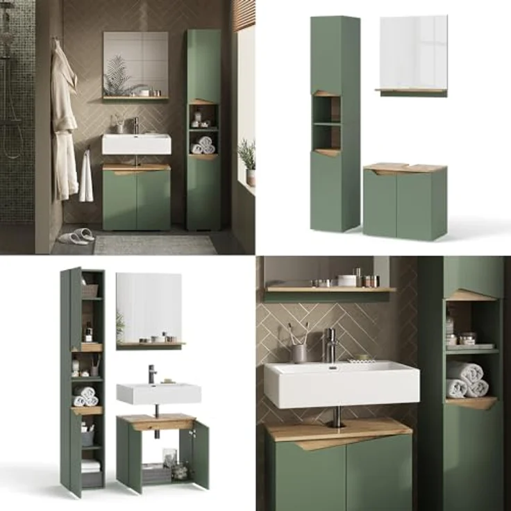 Vichy Badmöbelset Marelle, 3-teilig mit Hochschrank, Grün/Artisan, inklusive Badezimmer-Spiegel und Waschtischunterschrank – Bild 7