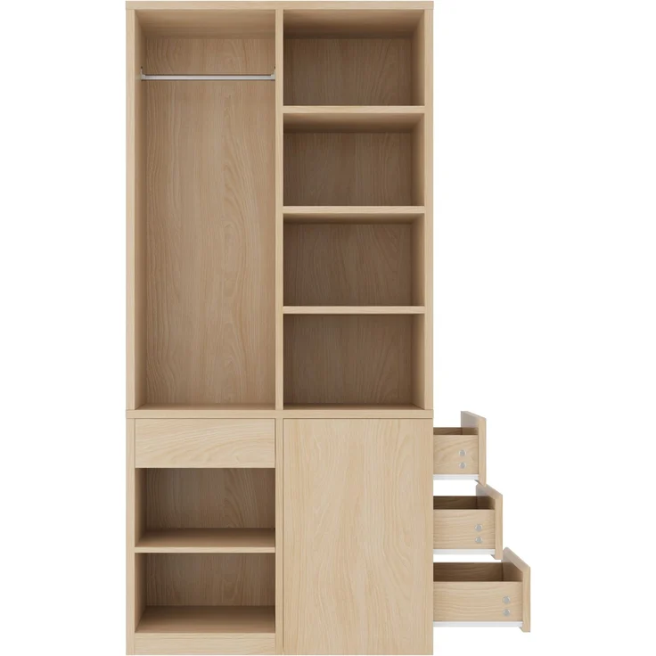 Kleiderschrank 70 x 50 x 170 cm in Weiß und Holzfarbe mit Kleiderstange, offenen Fächern und Schubladen – Bild 7