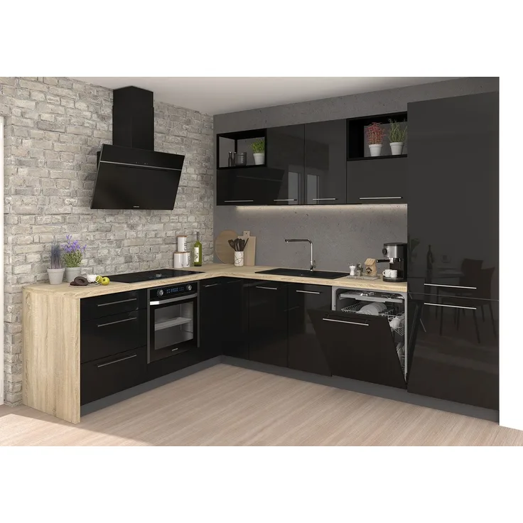 L-Form Küchenzeile ESSEN Arbeitsplatte 214x290cm lava schwarz Acryl Hochglanz HETTICH Vollauszug