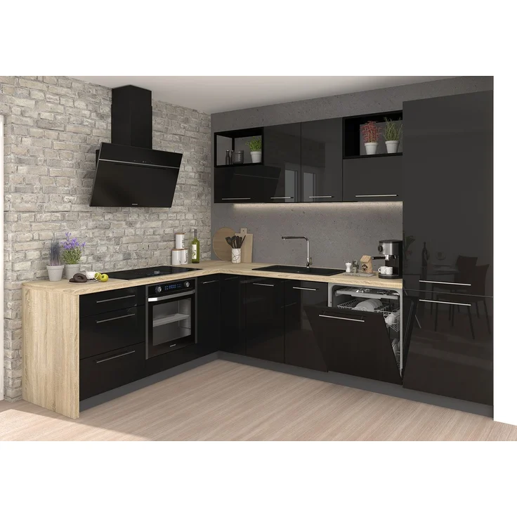 L-Form Küchenzeile ESSEN Arbeitsplatte 214x290cm lava schwarz Acryl Hochglanz HETTICH Vollauszug