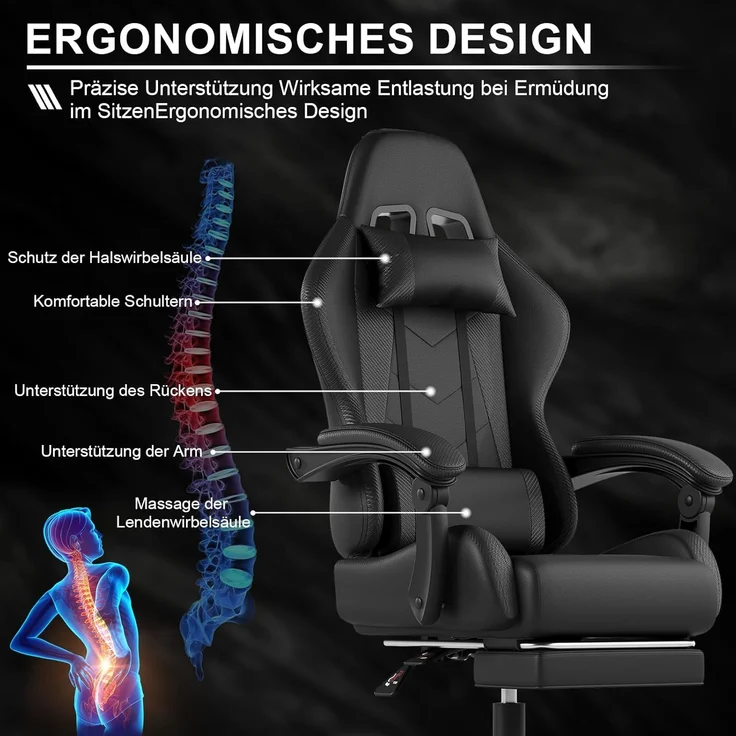 Devoko Massage Gaming Stuhl, Computer Bürostuhl mit Fußstütze, Racing Gamer Stuhl 150kg Belastbarkeit, 90-135° Rückenlehne einstellbar Ergonomischer PC Stuhl, 360° drehbar, Schwarz – Bild 5