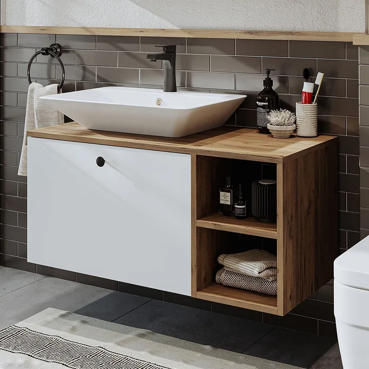 Skye Decor '2457' Badezimmerschrank mit Waschbecken, Atlantik-Kiefer / Weiß, 95 x 45 x 45 cm
